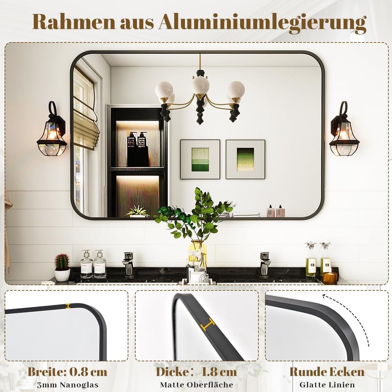 Koonmi Fekete Fürdőszobai Tükör 75x122 cm - Alumínium Kerettel, Lekerekített Sarkokkal, HD Nano Üveg, Függőleges/Vízszintes Falra Szerelhető