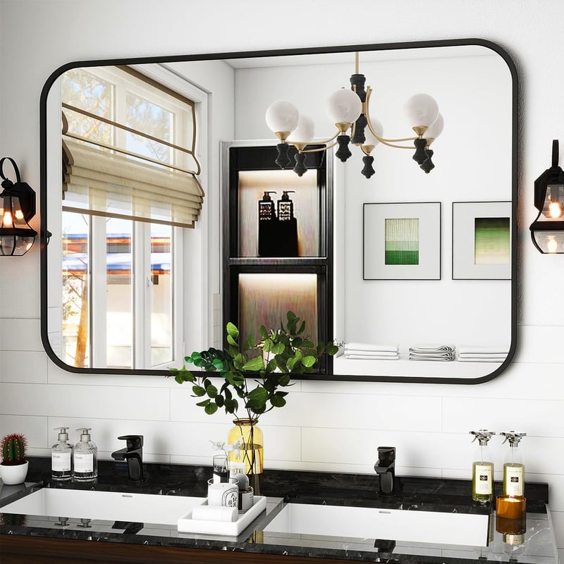 Koonmi Fekete Fürdőszobai Tükör 75x122 cm - Alumínium Kerettel, Lekerekített Sarkokkal, HD Nano Üveg, Függőleges/Vízszintes Falra Szerelhető