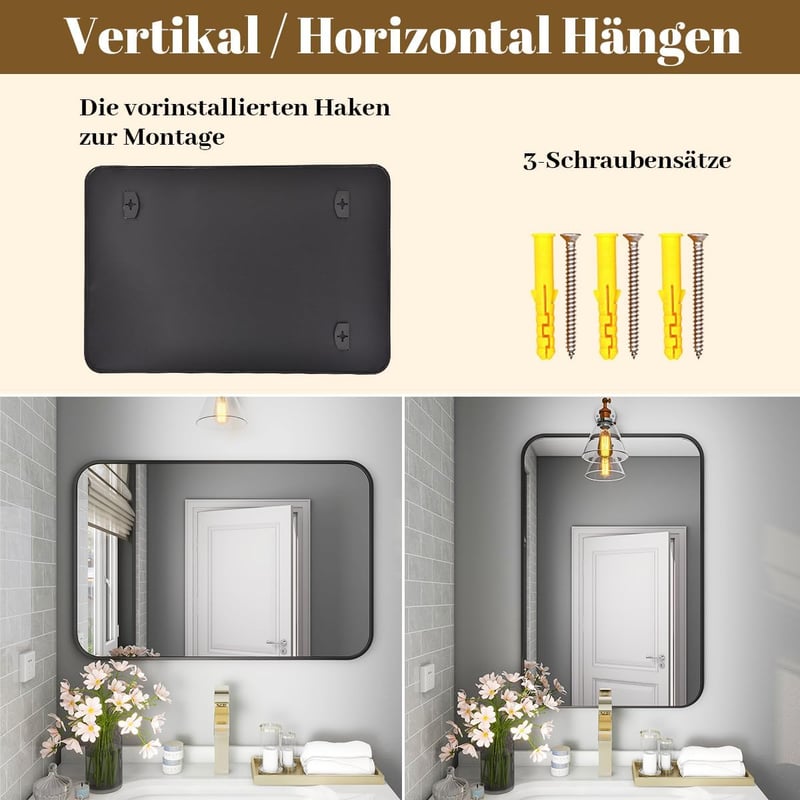 Koonmi Fekete Fürdőszobai Tükör 75x122 cm - Alumínium Kerettel, Lekerekített Sarkokkal, HD Nano Üveg, Függőleges/Vízszintes Falra Szerelhető