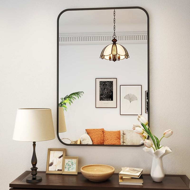 Koonmi Fekete Fürdőszobai Tükör 75x122 cm - Alumínium Kerettel, Lekerekített Sarkokkal, HD Nano Üveg, Függőleges/Vízszintes Falra Szerelhető