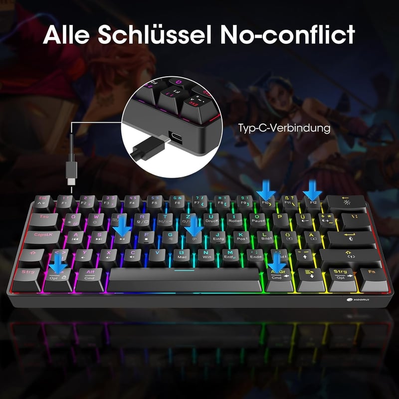KOORUI 60% Mechanikus Gaming Billentyűzet RGB Háttérvilágítás Német QWERTZ Piros Switch - 61 Tasten-Kabelgebunden, red switch