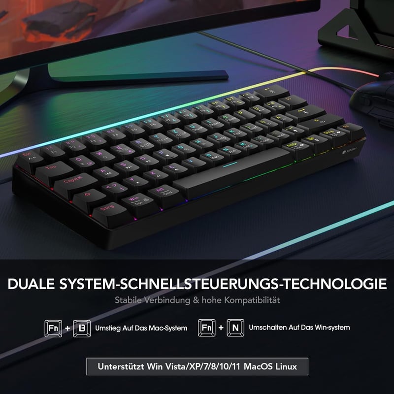 KOORUI 60% Mechanikus Gaming Billentyűzet RGB Háttérvilágítás Német QWERTZ Piros Switch - 61 Tasten-Kabelgebunden, red switch