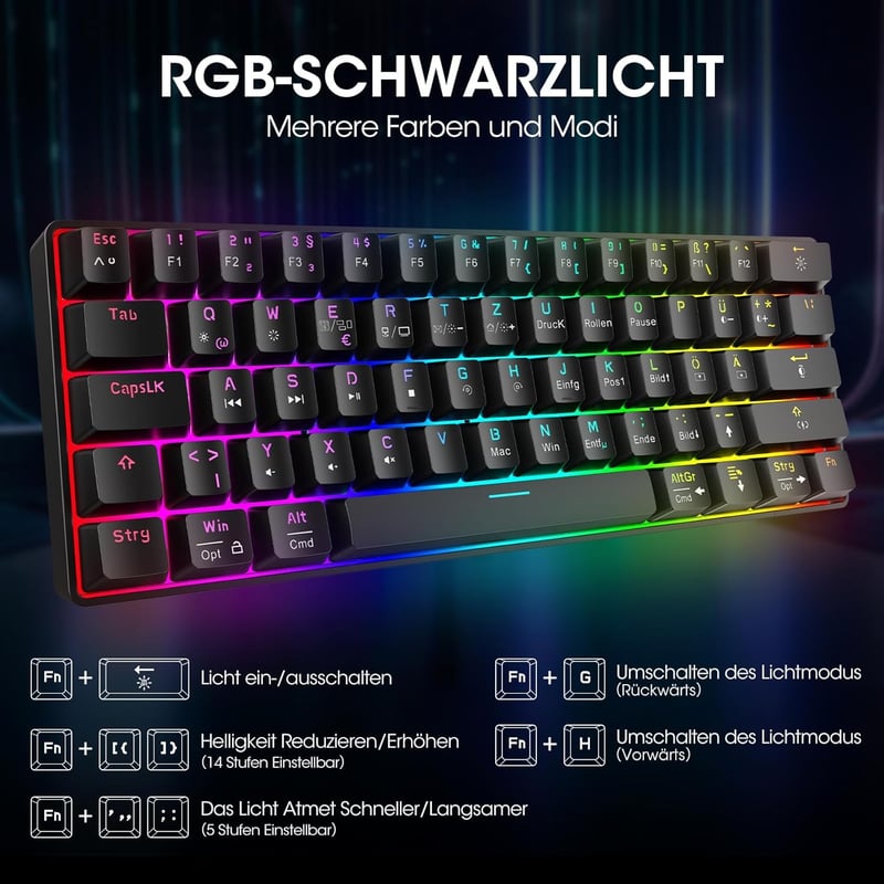 KOORUI 60% Mechanikus Gaming Billentyűzet RGB Háttérvilágítás Német QWERTZ Piros Switch - 61 Tasten-Kabelgebunden, red switch