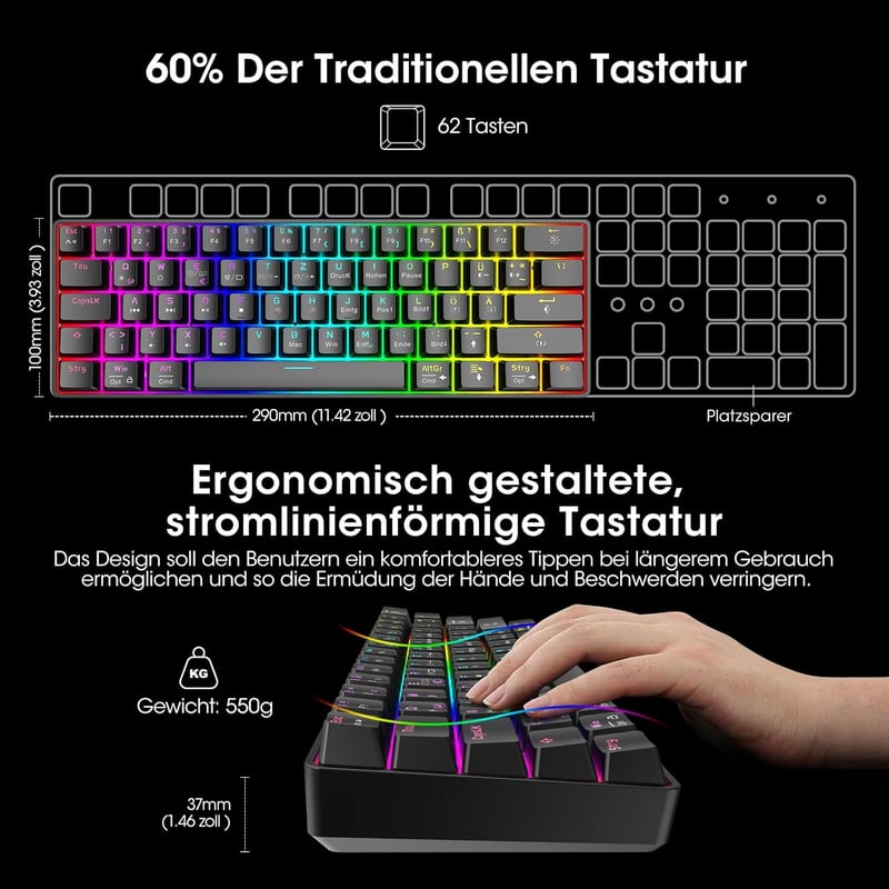 KOORUI 60% Mechanikus Gaming Billentyűzet RGB Háttérvilágítás Német QWERTZ Piros Switch - 61 Tasten-Kabelgebunden, red switch
