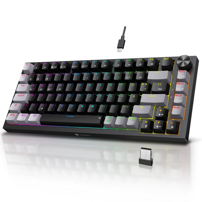 Mechanická herná klávesnica KOORUI bezdrôtová/Bluetooth/USB, 82 kláves, QWERTZ, RGB, červené spínače