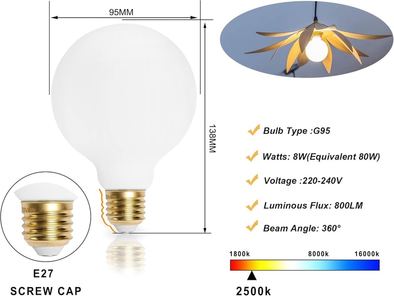 KOOYWAN Dimmelhető Opál LED Filament Izzó E27 8W, Meleg Fehér
