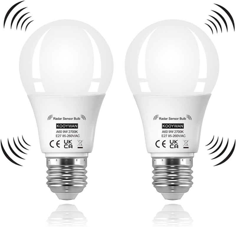 KOOYWAN E27 LED Izzó Mozgásérzékelővel - 9W Meleg Fehér Radar Lámpa, Automatikus Világítás, 2 db-os Csomag