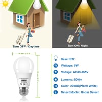 KOOYWAN E27 LED Izzó Mozgásérzékelővel - 9W Meleg Fehér Radar Lámpa, Automatikus Világítás, 2 db-os Csomag 2