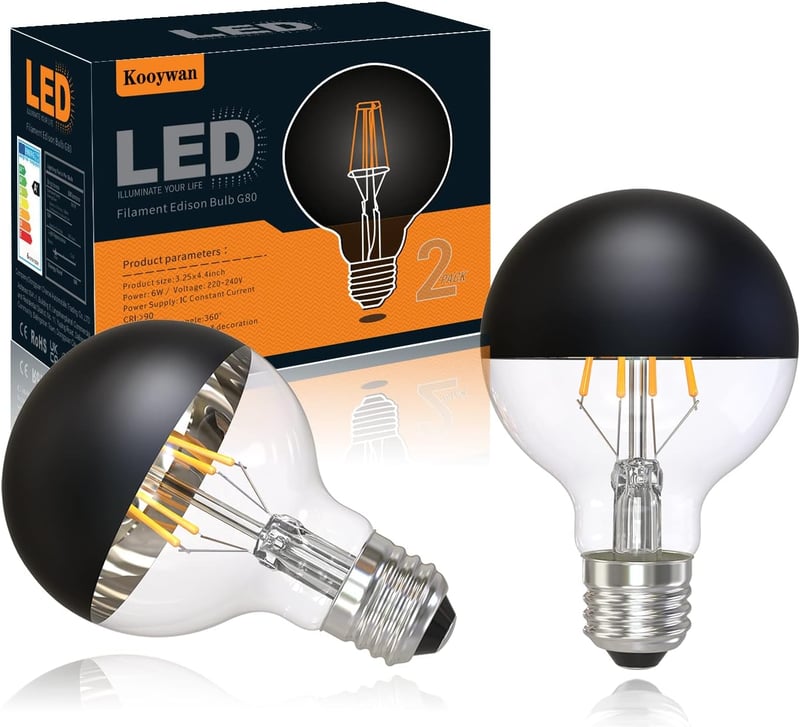 KOOYWAN G80 E27 LED Filament Izzó 6W - Fekete Tükrös Fejű, 2700K Meleg Fehér, Matt Fekete Koronás, Árnyékmentes Világítás, 2db