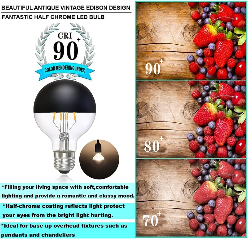 KOOYWAN G80 E27 LED Filament Izzó 6W - Fekete Tükrös Fejű, 2700K Meleg Fehér, Matt Fekete Koronás, Árnyékmentes Világítás, 2db