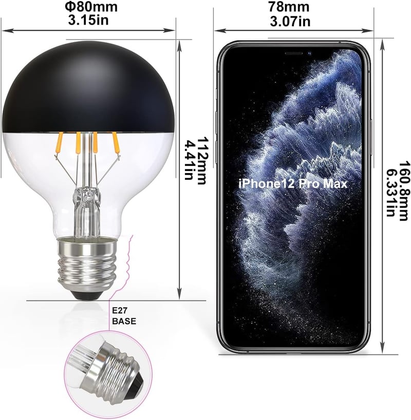 KOOYWAN G80 E27 LED Filament Izzó 6W - Fekete Tükrös Fejű, 2700K Meleg Fehér, Matt Fekete Koronás, Árnyékmentes Világítás, 2db