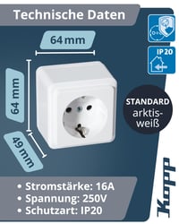 Kopp 101802000 Földelt Csatlakozóaljzat, Egyes, Felületre Szerelhető, 16 A, 250 V 2
