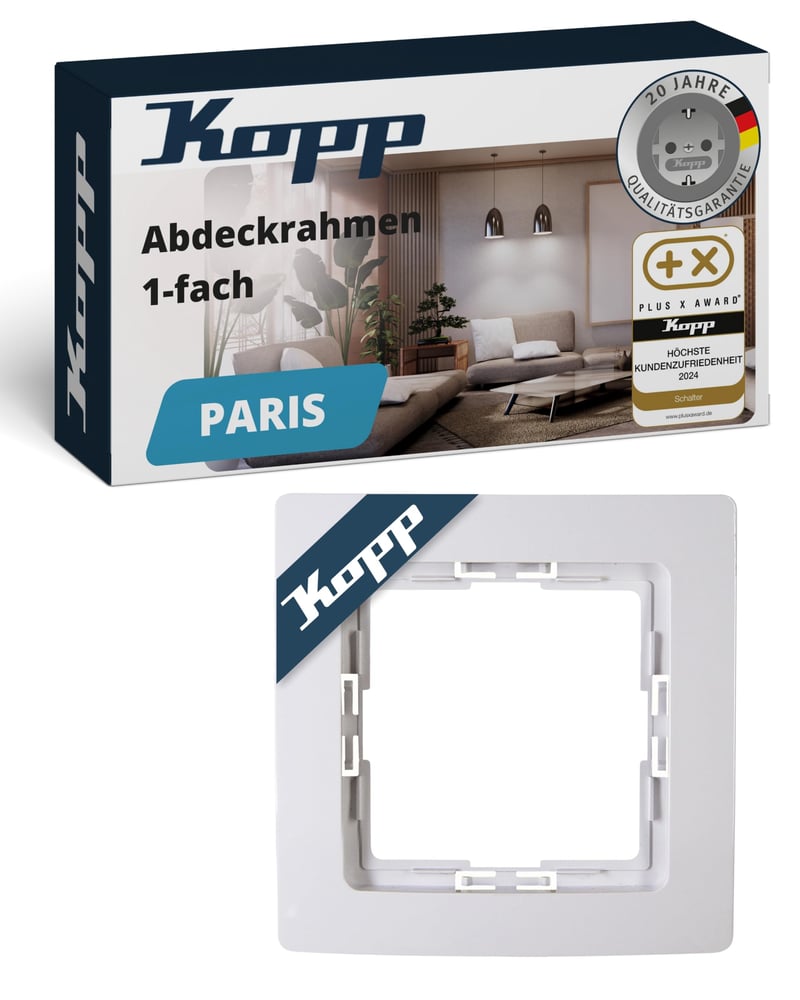 Ramă simplă pentru întrerupător Kopp Paris, Alb Arctic - 83x83x9,5 mm - Pentru priză și întrerupător - Ramă din plastic pentru întrerupător electric