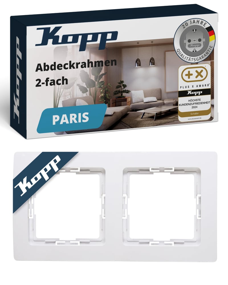 Kopp Paris 2-es Dupla Keret Arktikus Fehér - 8,3 x 15,4 cm - Aljzatokhoz és Kapcsolókhoz - Műanyag Villanykapcsoló Keret