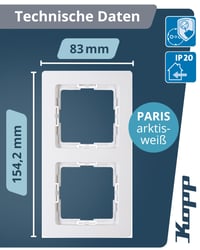 Kopp Paris 2-es Dupla Keret Arktikus Fehér - 8,3 x 15,4 cm - Aljzatokhoz és Kapcsolókhoz - Műanyag Villanykapcsoló Keret 2