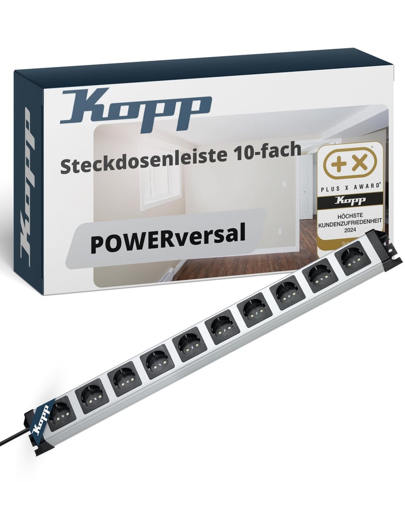 Kopp POWERversal 10-es Elosztó Ezüst-Fekete 1,4 m Kábellel, 90°-os Csatlakozókkal és Érintésvédelemmel, IP20, Csavarozható