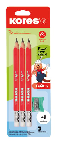 Grafitová ceruzka Kores Coach Jumbo HB s gumou, ergonomický trojhranný tvar, balenie 3 ks 1