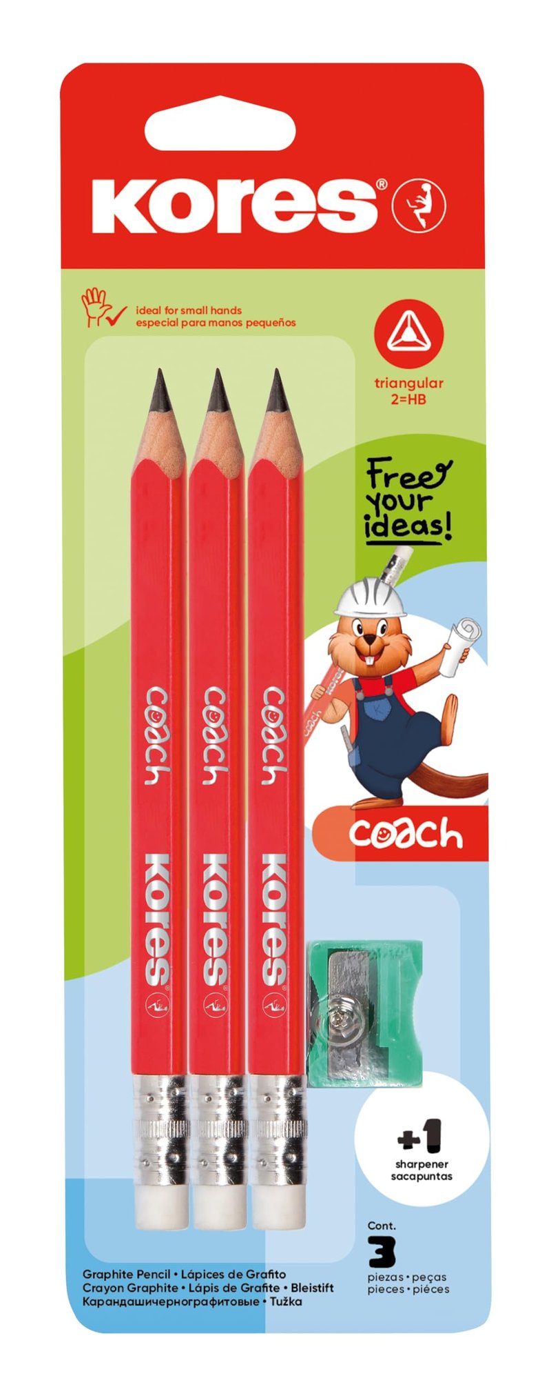 Grafitová ceruzka Kores Coach Jumbo HB s gumou, ergonomický trojhranný tvar, balenie 3 ks