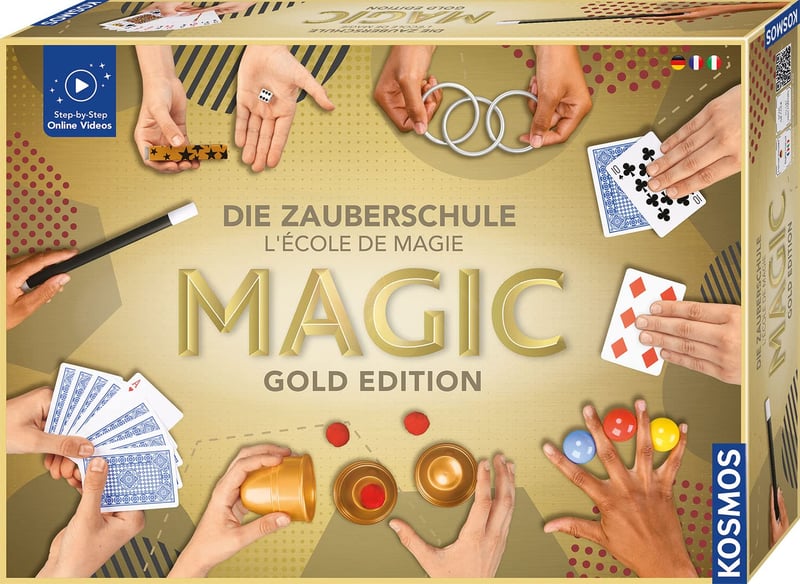Kosmos Magic Die Zauberschule Gold Edition – 75 kúzelníckych trikov a ilúzií, 18 rekvizít, 3 úrovne náročnosti, kúzelnícka súprava pre deti od 8 rokov