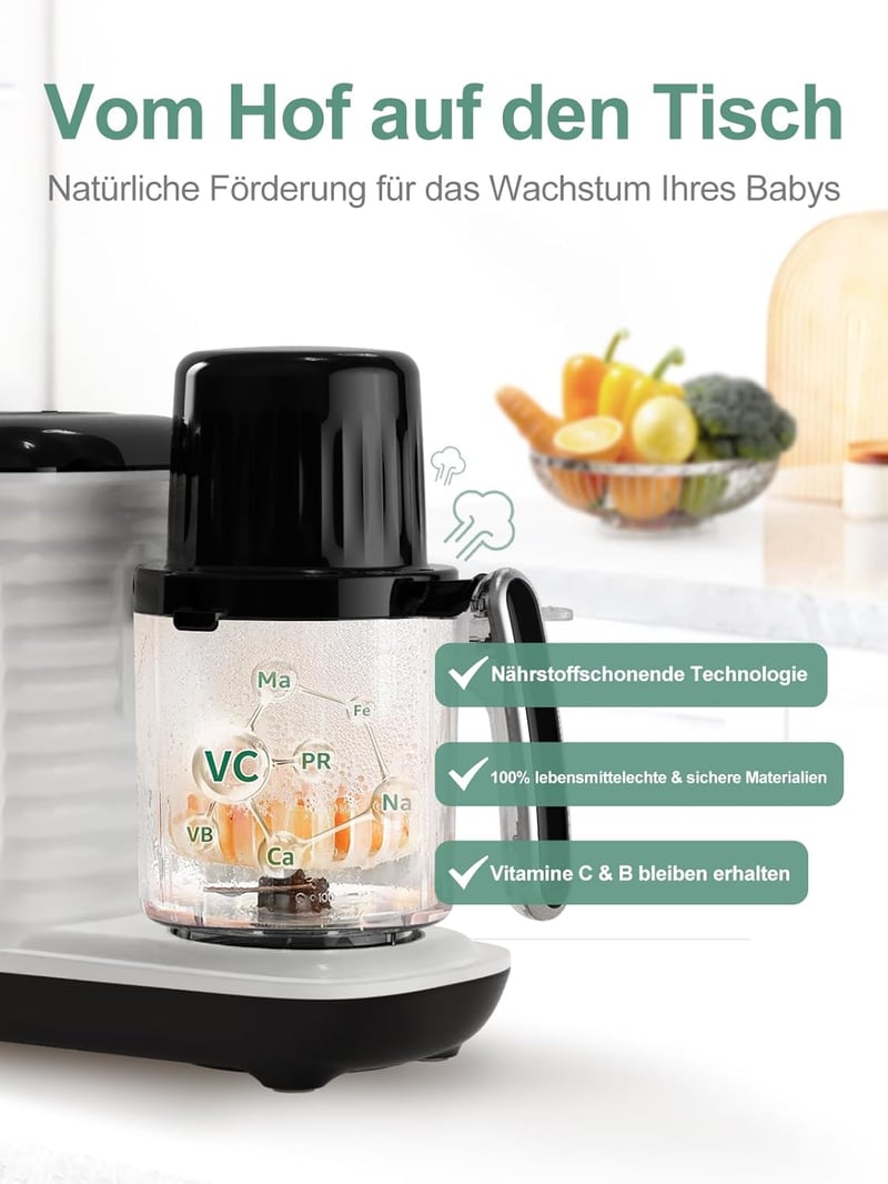KOSTTE Bébiétel Készítő Gép, Multifunkciós Babakása Főző, 15 Perces Gőzölés, Fekete Turmixgép Bébiételhez