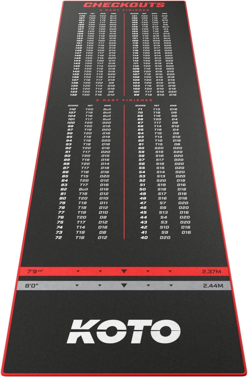 KOTO Check Out Professzionális Darts Szőnyeg 285x80 cm Pontszám Jelöléssel és Dobóvonallal - Számolást Segítő Dartszőnyeg - 285x80cm, red