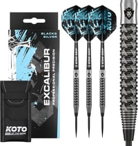 KOTO Excalibur 90% Darts Készlet 23g Fekete Ezüst - 3 Nyíl Tollakkal Szárral és Tárcával Profi Dartshoz 1