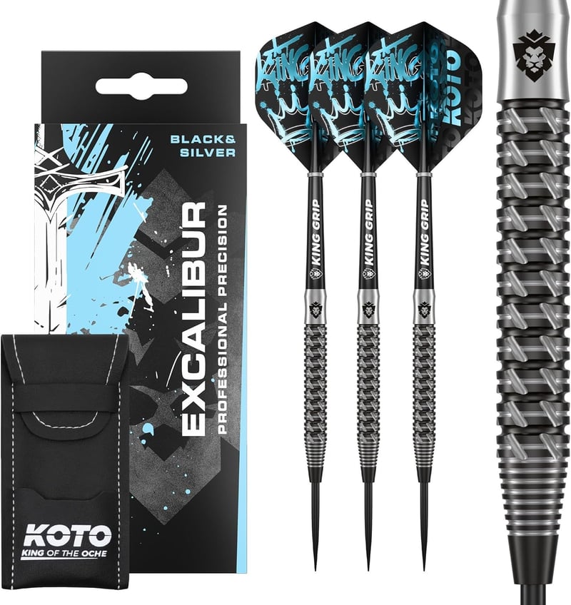 KOTO Excalibur 90% Darts Készlet 23g Fekete Ezüst - 3 Nyíl Tollakkal Szárral és Tárcával Profi Dartshoz