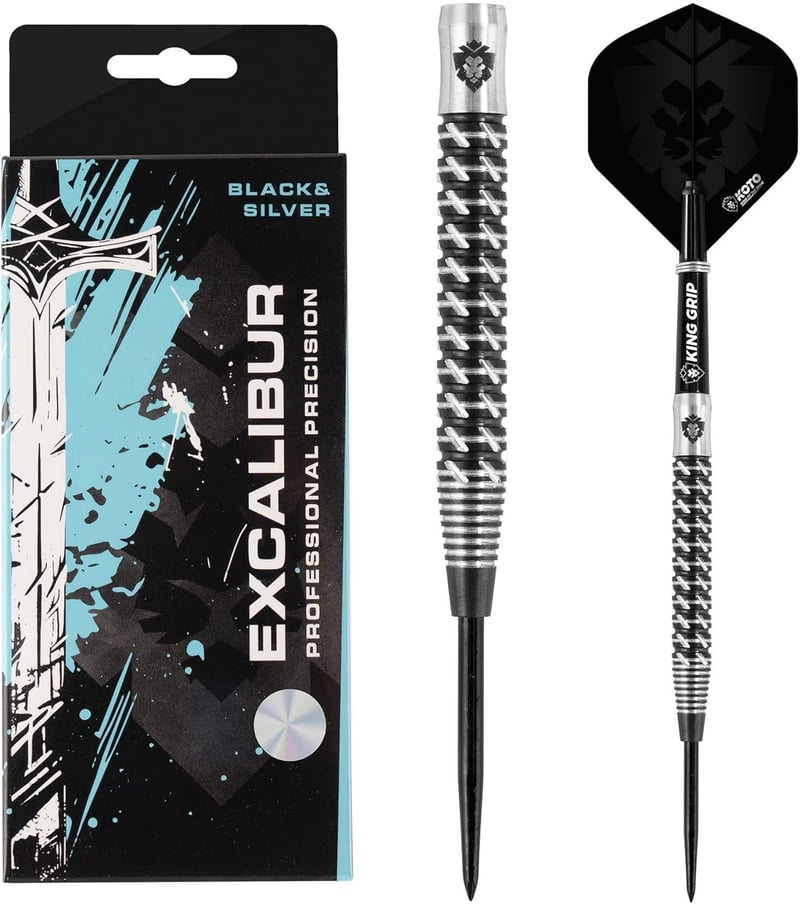 KOTO Excalibur 90% Darts Készlet 23g Fekete Ezüst - 3 Nyíl Tollakkal Szárral és Tárcával Profi Dartshoz