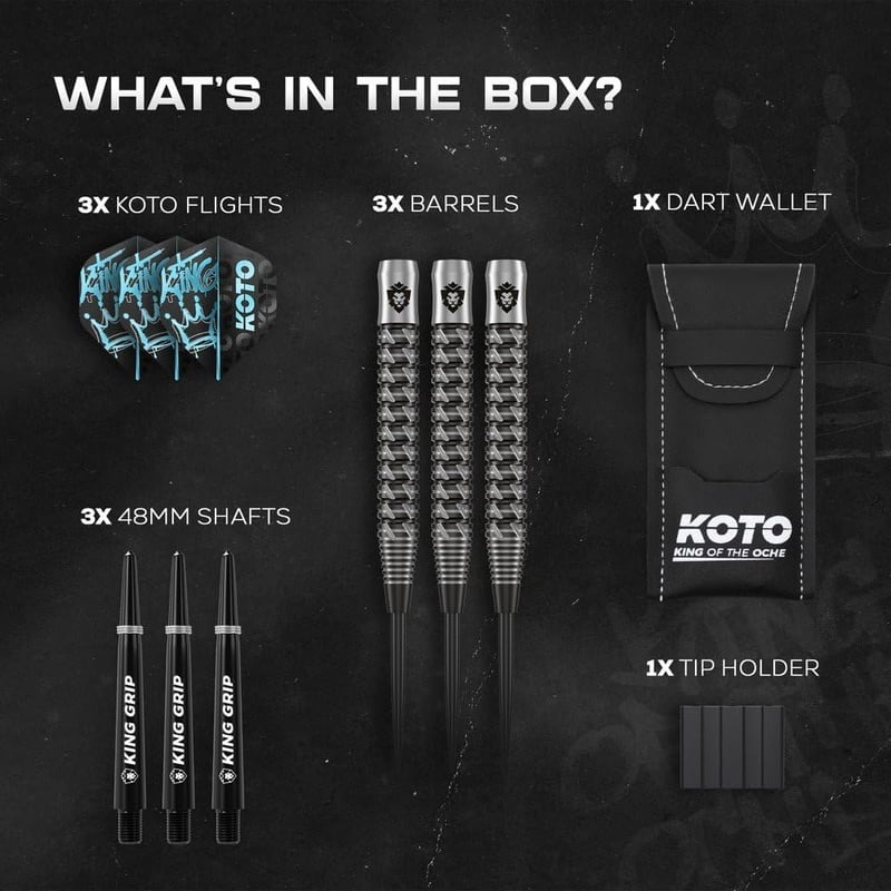 KOTO Excalibur 90% Darts Készlet 23g Fekete Ezüst - 3 Nyíl Tollakkal Szárral és Tárcával Profi Dartshoz