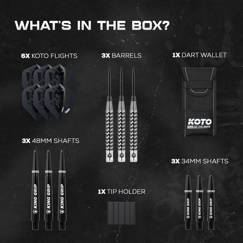 KOTO Excalibur 90% Darts Készlet 23g Fekete Ezüst - 3 Nyíl Tollakkal Szárral és Tárcával Profi Dartshoz