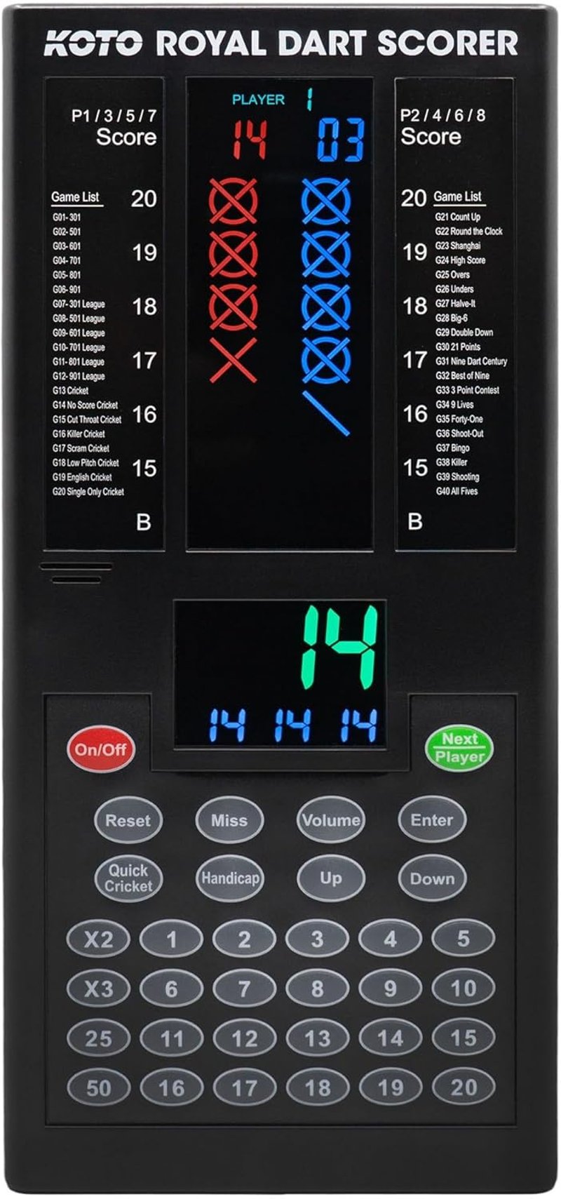 KOTO Royal Elektronikus Darts Pontozó Tábla 40 Játékkal, 8 Játékosra, Fekete Digitális Eredményjelző Fali Rögzítéssel
