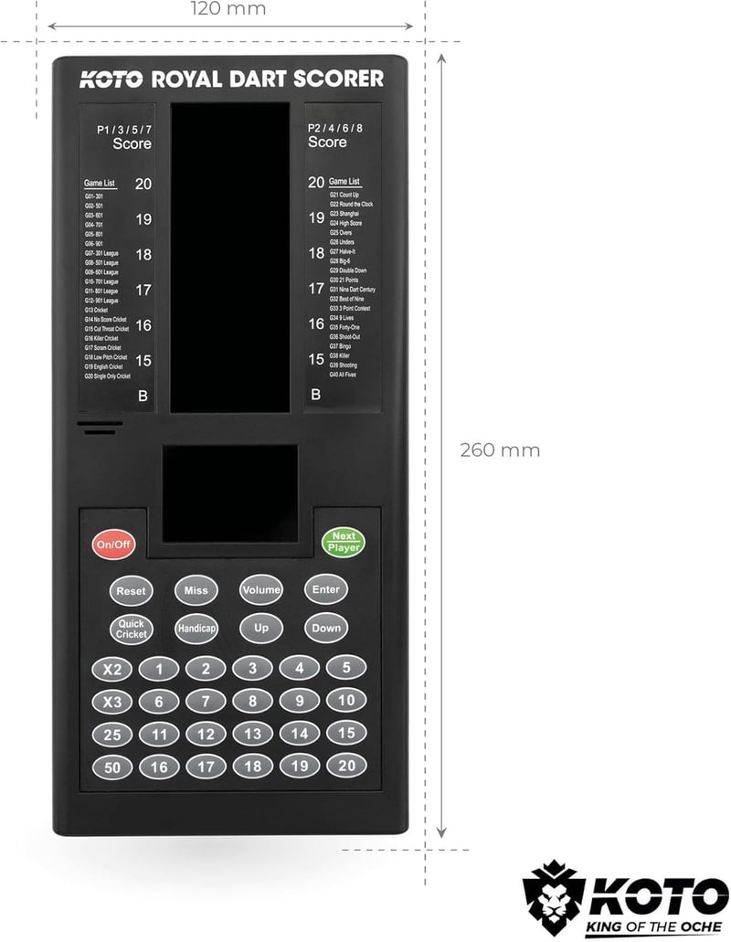 KOTO Royal Elektronikus Darts Pontozó Tábla 40 Játékkal, 8 Játékosra, Fekete Digitális Eredményjelző Fali Rögzítéssel