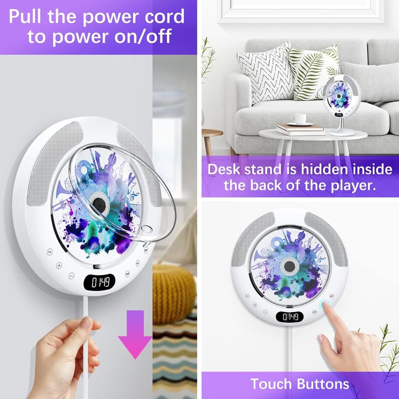 KOVCDVI Bluetooth CD Lejátszó Fali Szerelésű Érintőgombos Hangszóróval FM Rádió USB AUX LCD Kijelző Távirányító Portalanító Fedél