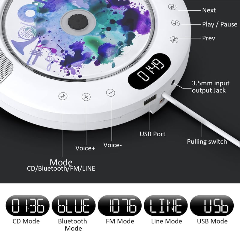 KOVCDVI Bluetooth CD Lejátszó Fali Szerelésű Érintőgombos Hangszóróval FM Rádió USB AUX LCD Kijelző Távirányító Portalanító Fedél