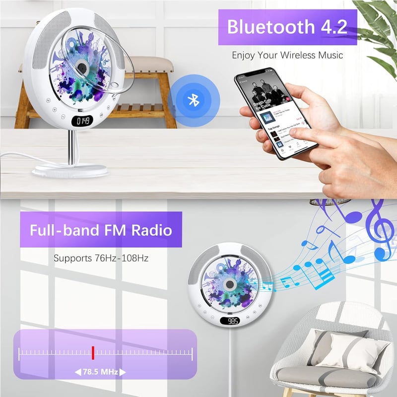 KOVCDVI Bluetooth CD Lejátszó Fali Szerelésű Érintőgombos Hangszóróval FM Rádió USB AUX LCD Kijelző Távirányító Portalanító Fedél
