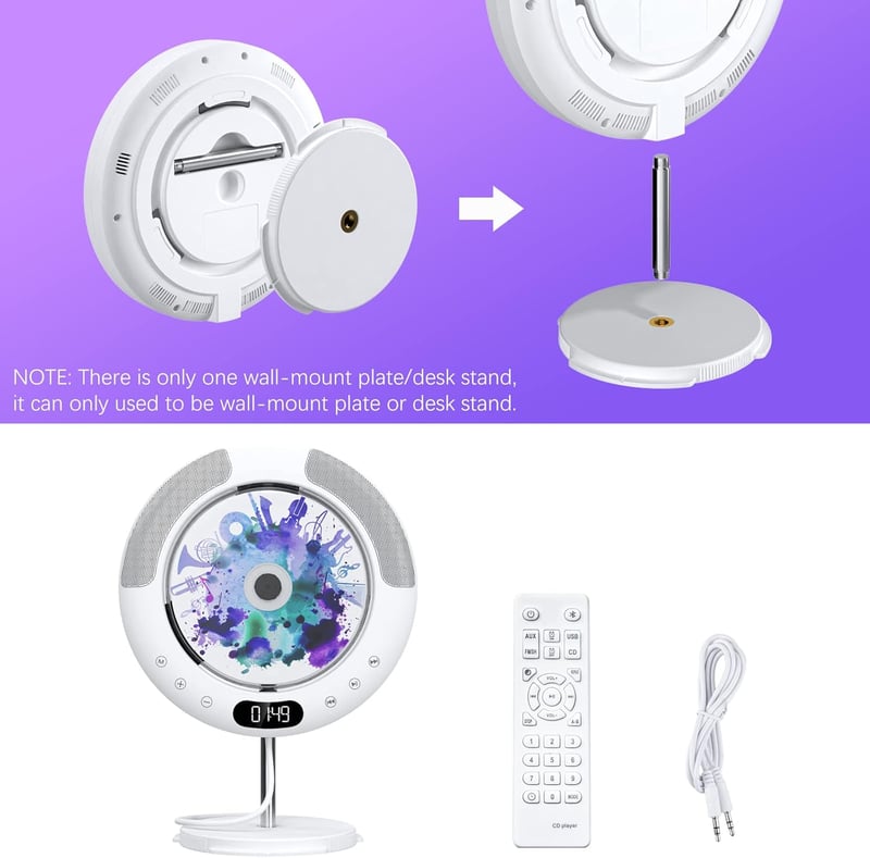 KOVCDVI Bluetooth CD Lejátszó Fali Szerelésű Érintőgombos Hangszóróval FM Rádió USB AUX LCD Kijelző Távirányító Portalanító Fedél