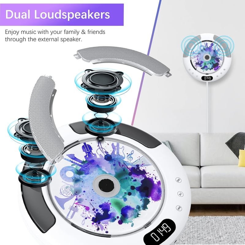 KOVCDVI Bluetooth CD Lejátszó Fali Szerelésű Érintőgombos Hangszóróval FM Rádió USB AUX LCD Kijelző Távirányító Portalanító Fedél