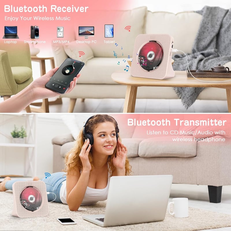 KOVCDVI CD Lejátszó Bluetooth 5.0 Hangszóróval - Asztali Hordozható CD Player FM Rádió USB AUX Fejhallgató Csatlakozó Rózsaszín