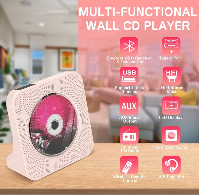 KOVCDVI CD Lejátszó Bluetooth 5.0 Hangszóróval - Asztali Hordozható CD Player FM Rádió USB AUX Fejhallgató Csatlakozó Rózsaszín