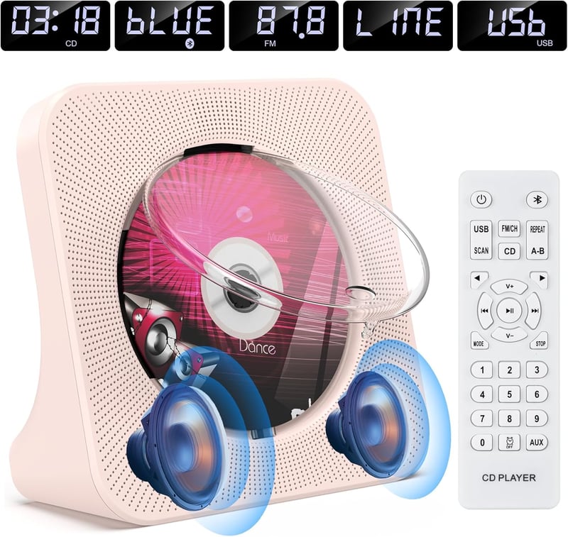 KOVCDVI CD Lejátszó Bluetooth 5.0 Hangszóróval - Asztali Hordozható CD Player FM Rádió USB AUX Fejhallgató Csatlakozó Rózsaszín