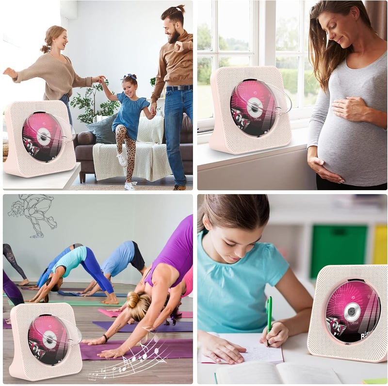 KOVCDVI CD Lejátszó Bluetooth 5.0 Hangszóróval - Asztali Hordozható CD Player FM Rádió USB AUX Fejhallgató Csatlakozó Rózsaszín