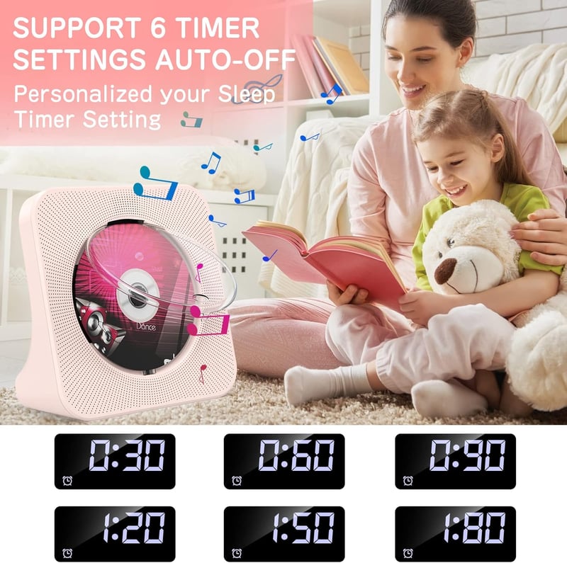 KOVCDVI CD Lejátszó Bluetooth 5.0 Hangszóróval - Asztali Hordozható CD Player FM Rádió USB AUX Fejhallgató Csatlakozó Rózsaszín