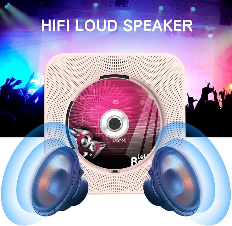 KOVCDVI CD Lejátszó Bluetooth 5.0 Hangszóróval - Asztali Hordozható CD Player FM Rádió USB AUX Fejhallgató Csatlakozó Rózsaszín