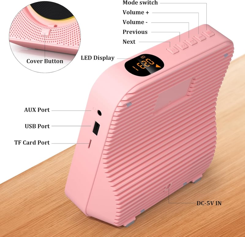 KOVCDVI CD Lejátszó Bluetooth 5.1 Rádióval, 5W Dupla Hangszóró, Távirányító, USB/SD Kártya Lejátszás, FM Rádió - Rózsaszín