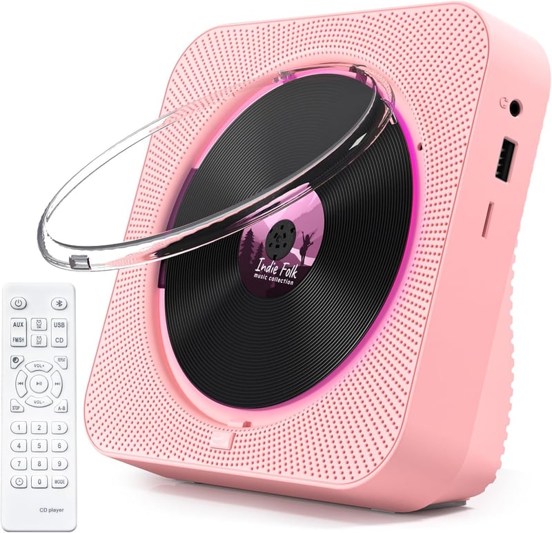 KOVCDVI CD Lejátszó Bluetooth 5.1 Rádióval, 5W Dupla Hangszóró, Távirányító, USB/SD Kártya Lejátszás, FM Rádió - Rózsaszín