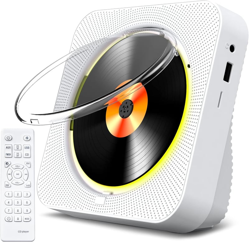 KOVCDVI CD Lejátszó Bluetooth 5.1 Rádióval - 5W Dupla Hangszóró, Távirányító, USB/SD Kártya Lejátszás, FM Rádió, Fehér
