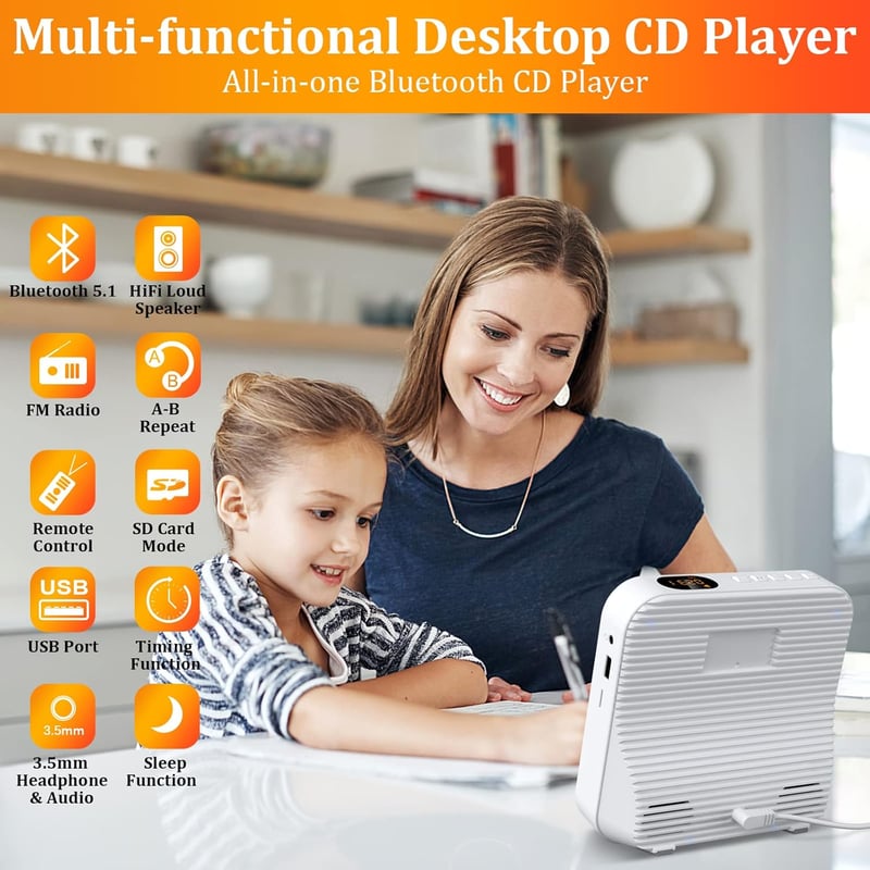 KOVCDVI CD Lejátszó Bluetooth 5.1 Rádióval - 5W Dupla Hangszóró, Távirányító, USB/SD Kártya Lejátszás, FM Rádió, Fehér