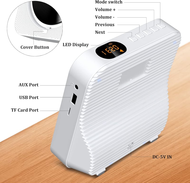 KOVCDVI CD Lejátszó Bluetooth 5.1 Rádióval - 5W Dupla Hangszóró, Távirányító, USB/SD Kártya Lejátszás, FM Rádió, Fehér