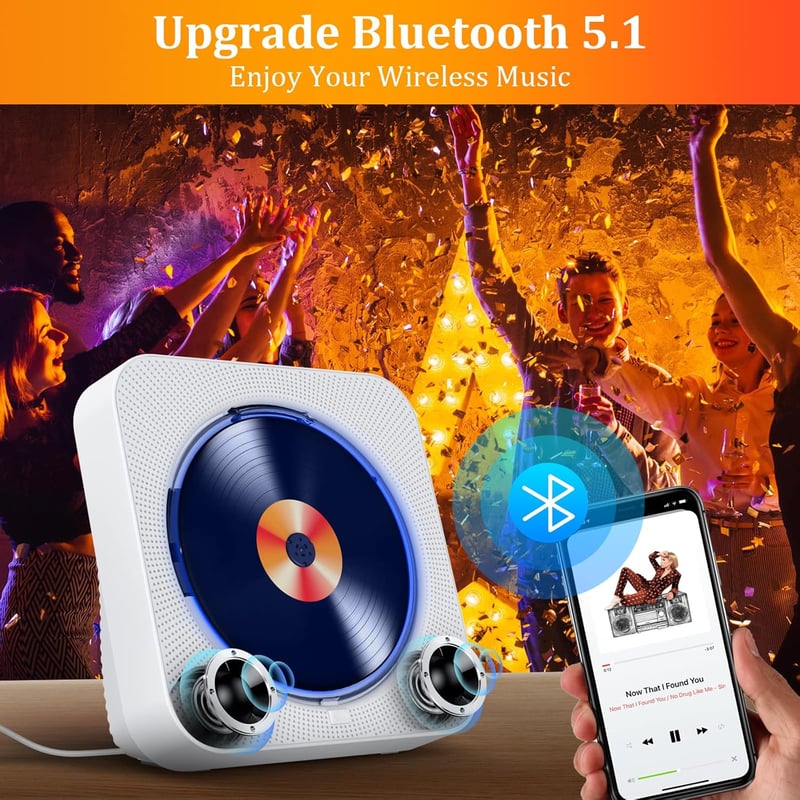KOVCDVI CD Lejátszó Bluetooth 5.1 Rádióval - 5W Dupla Hangszóró, Távirányító, USB/SD Kártya Lejátszás, FM Rádió, Fehér