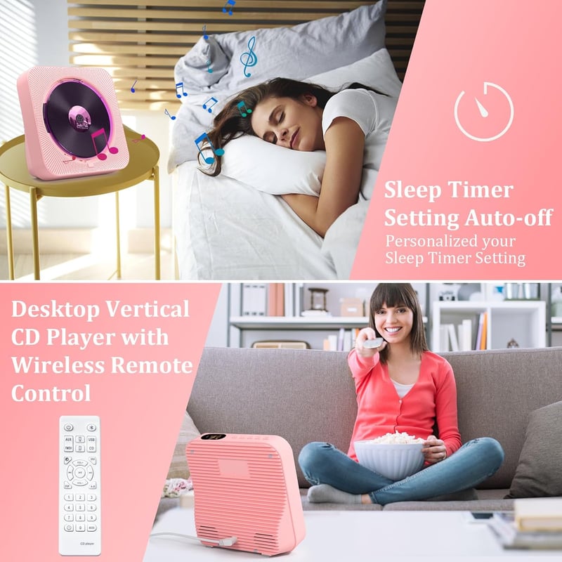 KOVCDVI CD Lejátszó Bluetooth 5.1 Rádióval, 5W Dupla Hangszóró, Távirányító, USB/SD Kártya Lejátszás, FM Rádió - Rózsaszín